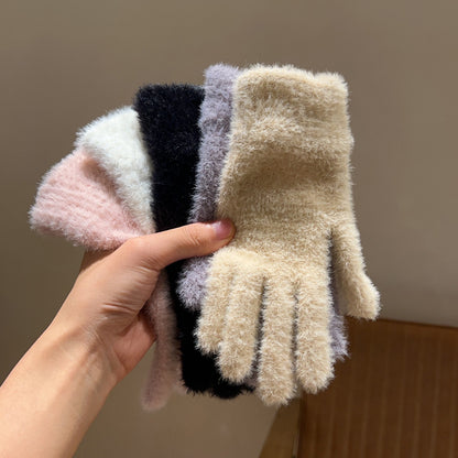 Rabbit Fur Plush Female Winter Fleece-lined Gloves