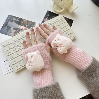 Half Finger Cartoon Knitted Bracers Thick Gloves