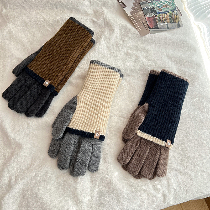 Women's Winter Color Contrast Patchwork Five-finger Touch Gloves