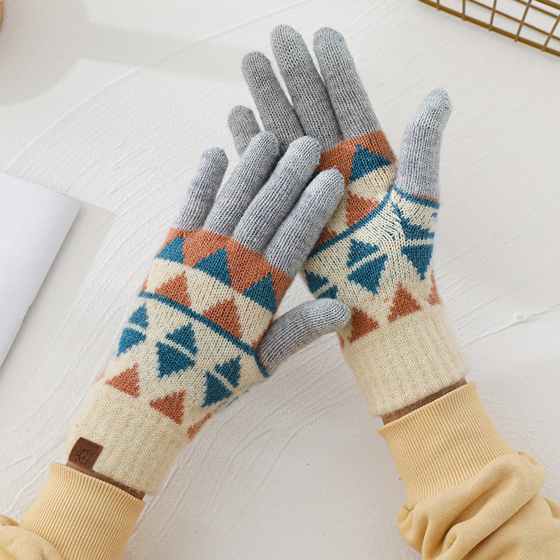 Wool Knitted Plaid Fleece-lined Thickened Cycling Five-finger Gloves