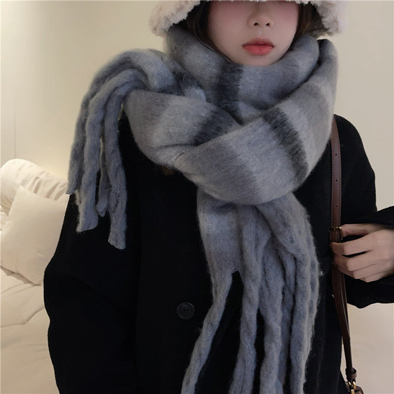 Women's Winter High-grade Mohair Black White Plaid Scarfs