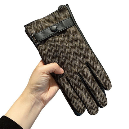 Men's Leather Patchwork Plaid Thermal Fleece-lined Thickened Gloves