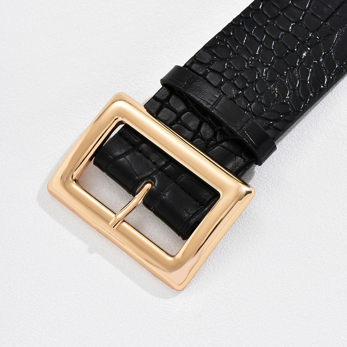 Women's Black Large Buckle Square Fashion Crocodile Pattern Elegant Belts