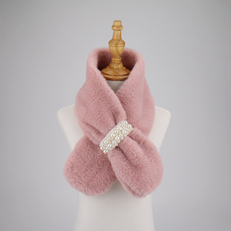 Women's Pearl Imitate Rex Rabbit Fur Plush Cross Thickened Scarfs