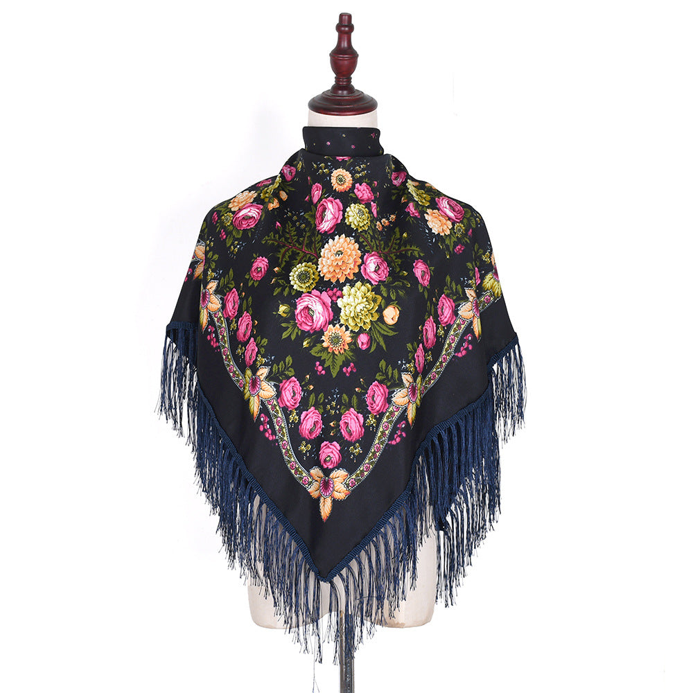 Women's Style Tassel Flowers Printed Spring Travel Embroidered Square Scarfs