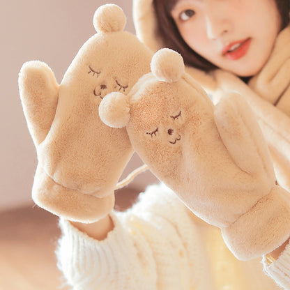 Winter Fleece-lined Cute Korean Style Cartoon Extra Thick Gloves