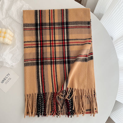 Women's Slouchy Plaid Korean Tassel Shawl Scarfs