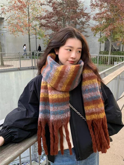 Women's Striped Korean Fashionable Versatile Winter Warm Scarfs