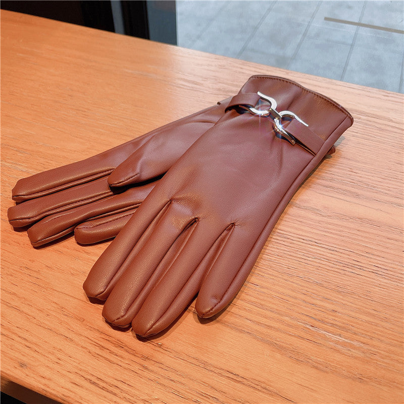 Women's Fleece-lined Metal Buckle Elegant Protein Leather Five Finger Gloves