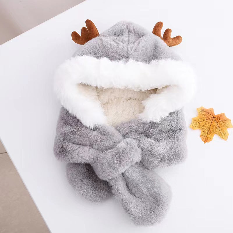 Children's Antlers Plush Bonnet Integrated Thickened Cold Kids' Headwear