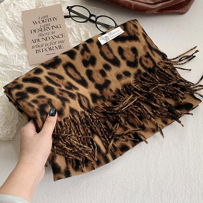 Women's Vintage Leopard Print Winter Design Tassel Scarfs