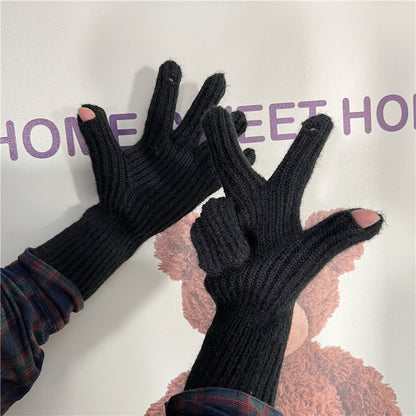 Women's Woolen Knitted Labeling Winter Warm Red Open Gloves