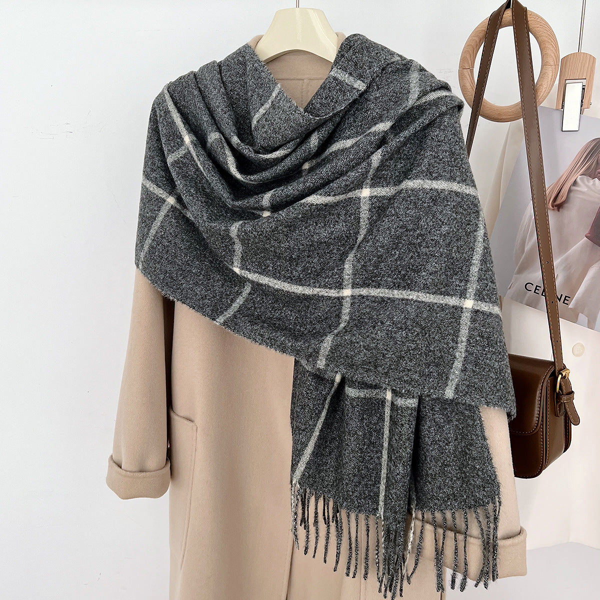 Women's Slouchy Plaid Korean Tassel Shawl Scarfs