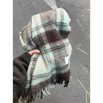 Women's & Men's Thickened Mint Green Coffee Color Plaid Mohair Warm Scarfs