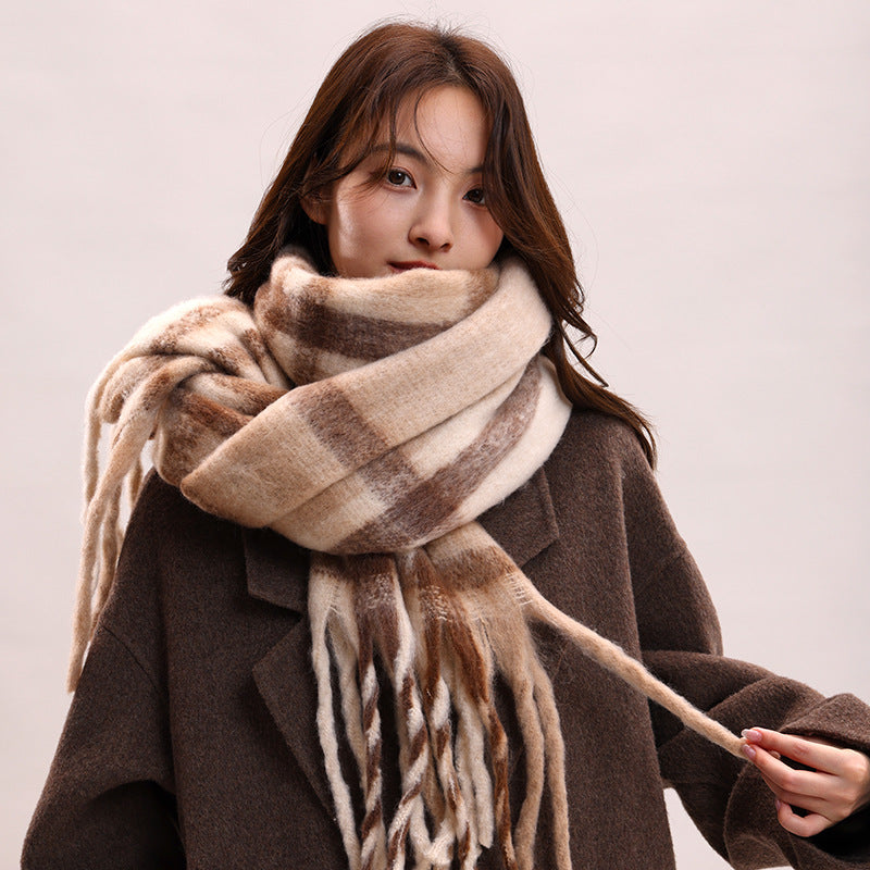 Women's High-grade Mohair Black White Plaid Korean Scarfs