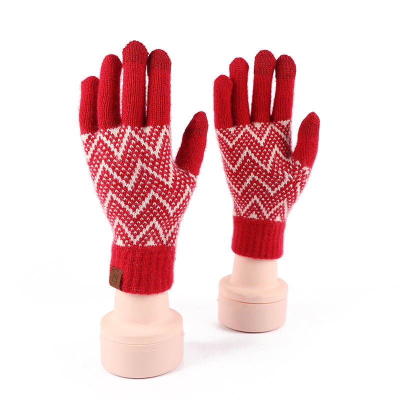 Wool Knitted Plaid Fleece-lined Thickened Cycling Five-finger Gloves