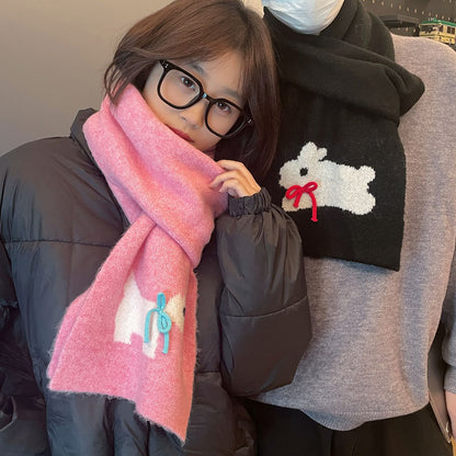 Women's Bunny Pink Knitted Warm Bow Casual Scarfs