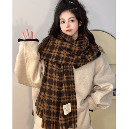 Women's Retro High-grade Plaid Korean Shawl Thickened Scarfs