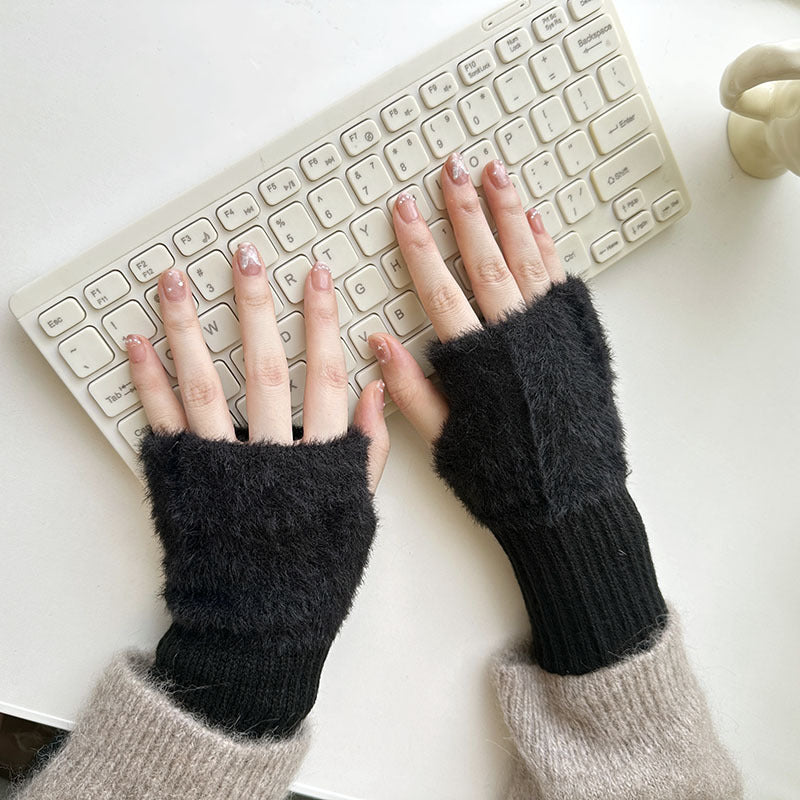 Half Finger Cartoon Knitted Bracers Thick Gloves