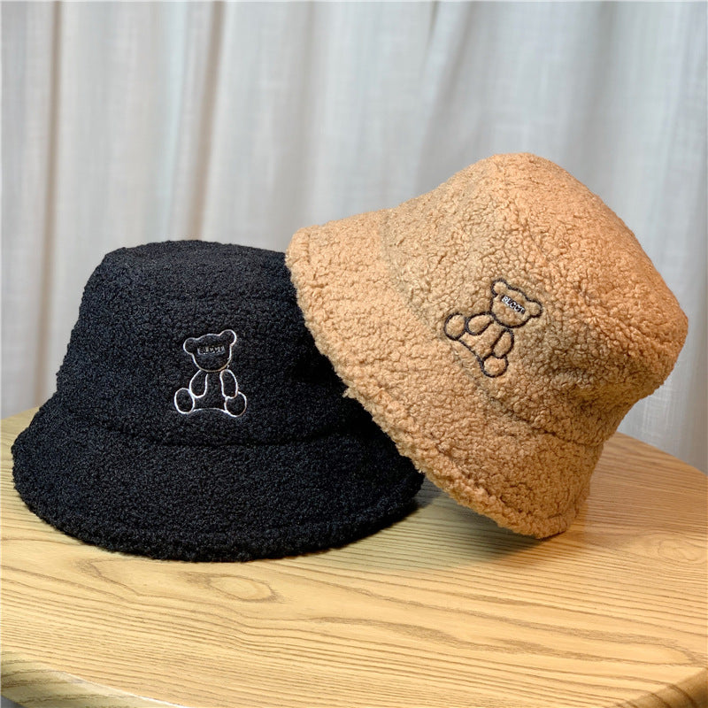 Women's Plush Bear Embroidery Warm Lamb Wool Hats & Caps