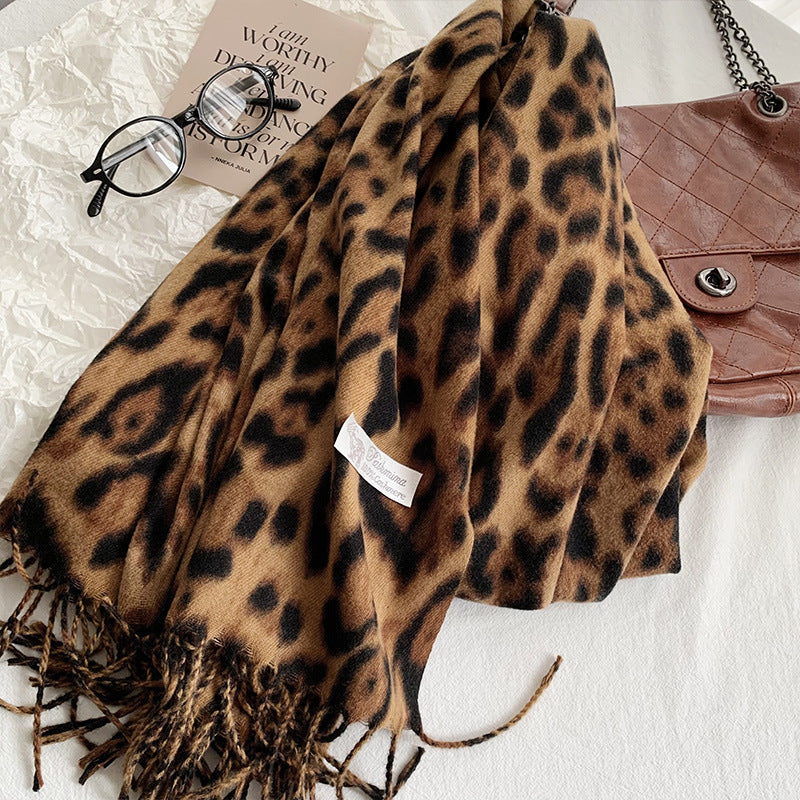 Women's Vintage Leopard Print Winter Design Tassel Scarfs