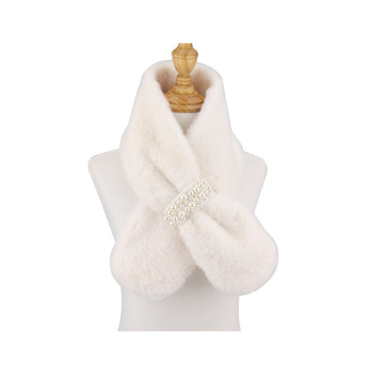 Women's Pearl Imitate Rex Rabbit Fur Plush Cross Thickened Scarfs