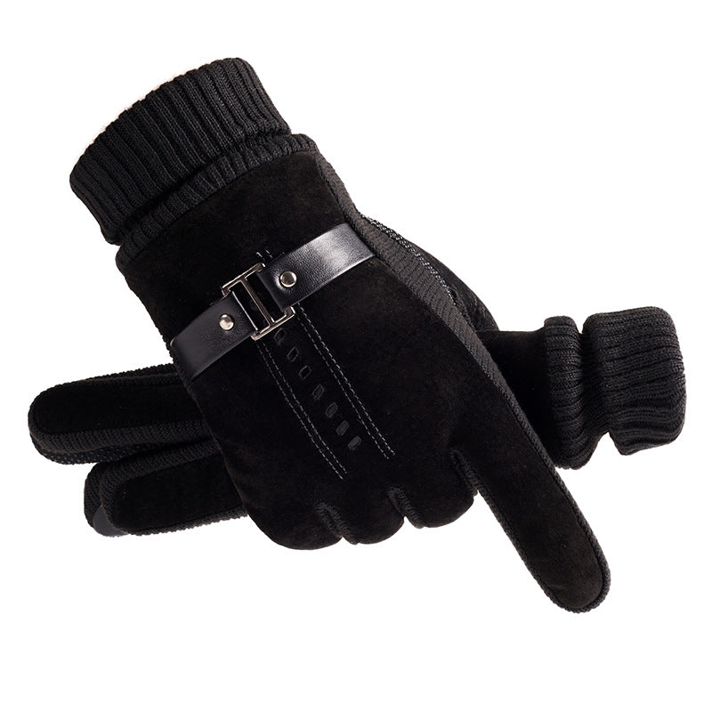 Men's Pig Leather Windproof Warm Motorcycle Fleece-lined Cycling Gloves