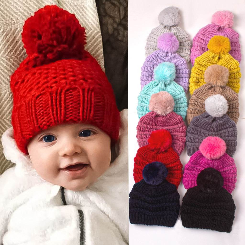 Children's Knitted Sleeve Fur Ball Warm Hat Kids' Headwear