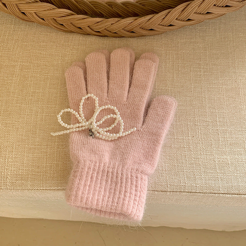 Women's Pearl Bow With Angora Winter Warm Gloves