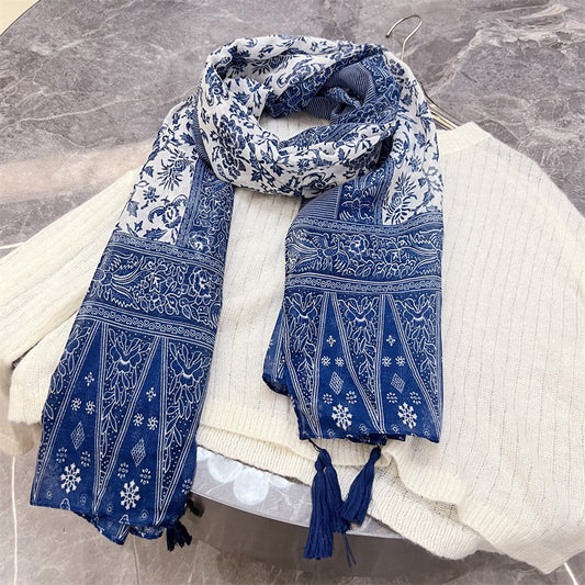 Women's White Porcelain Small Fresh Tassel Printed Cotton Scarfs