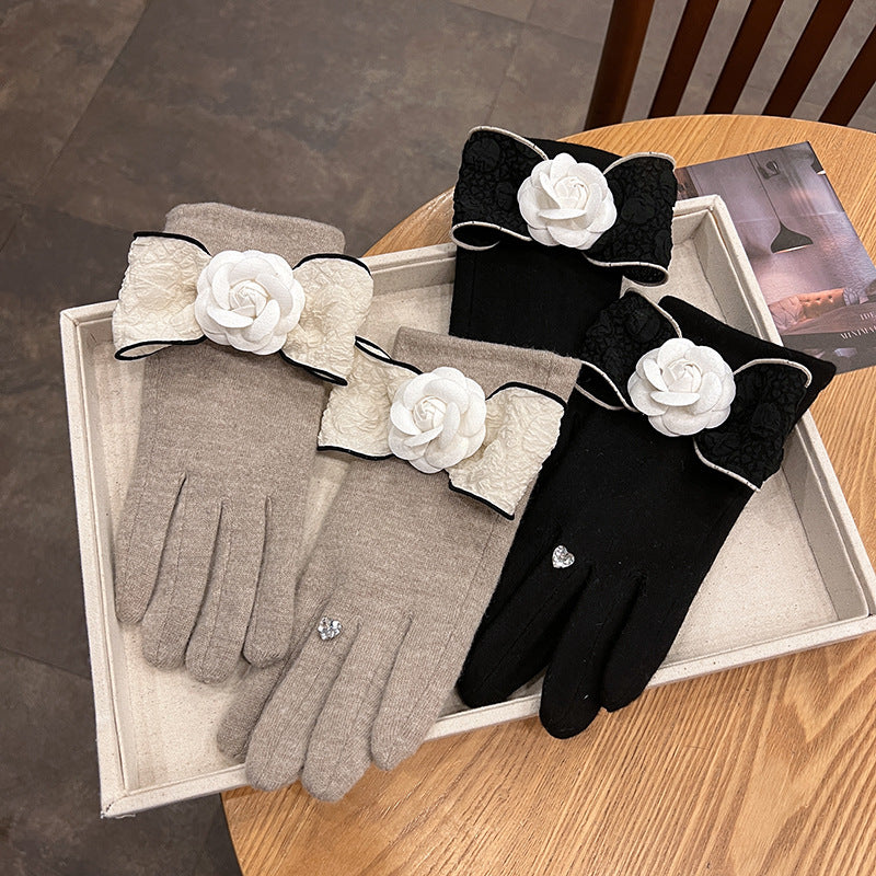 Women's Bow Camellia Elegant Cashmere Finger Fleece Lined Gloves