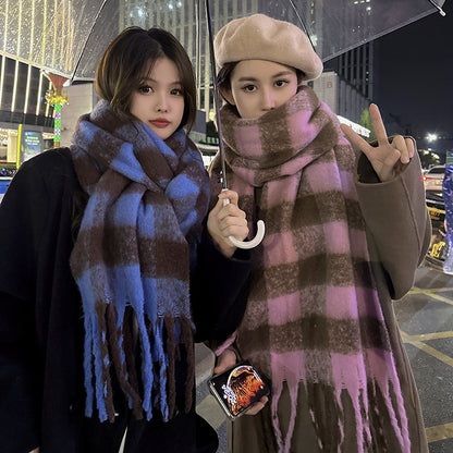 Women's & Men's Black White Plaid Korean Style Couple Scarfs