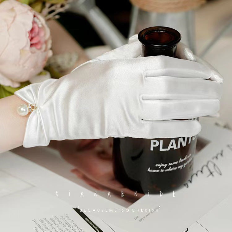 Pearl Satin Wedding Etiquette Perform Dance Gloves