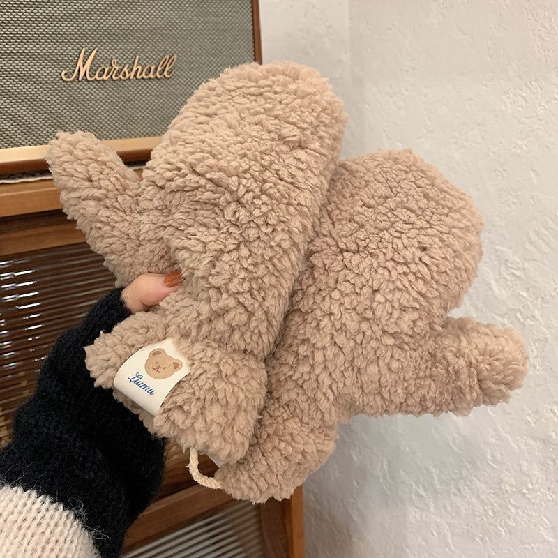 Women's Riding Fleece Lined Padded Warm Keeping Bear Labeling Gloves