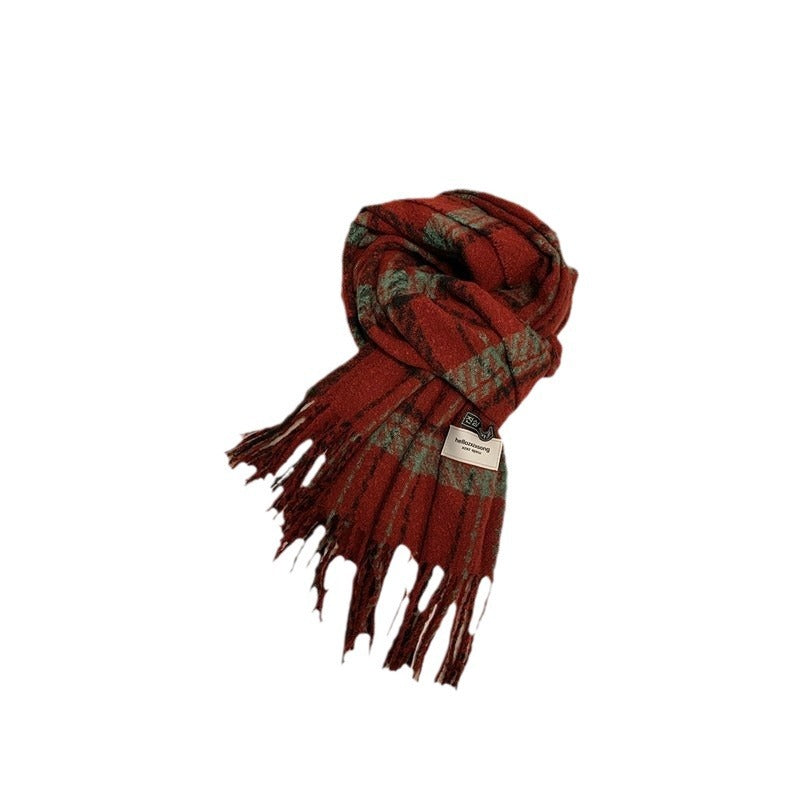 Style Plaid Retro Green Female Winter Scarfs