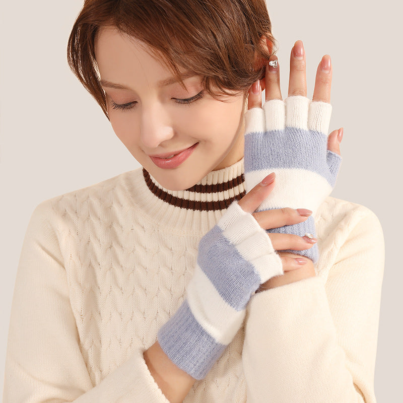 Women's Winter Fashionable Knitted Warm Flip Half Finger Gloves