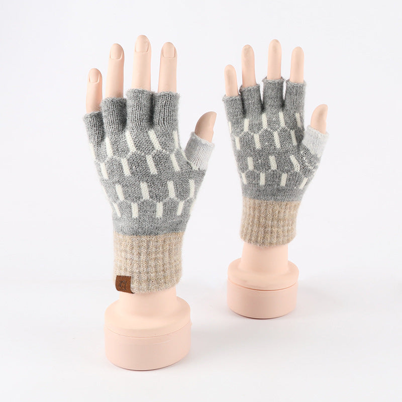 Knitted Half Finger Style Office Winter Gloves