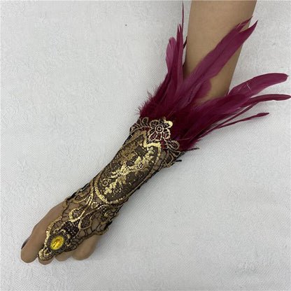 Halloween Feather Gothic Style Hollow Gold Gloves