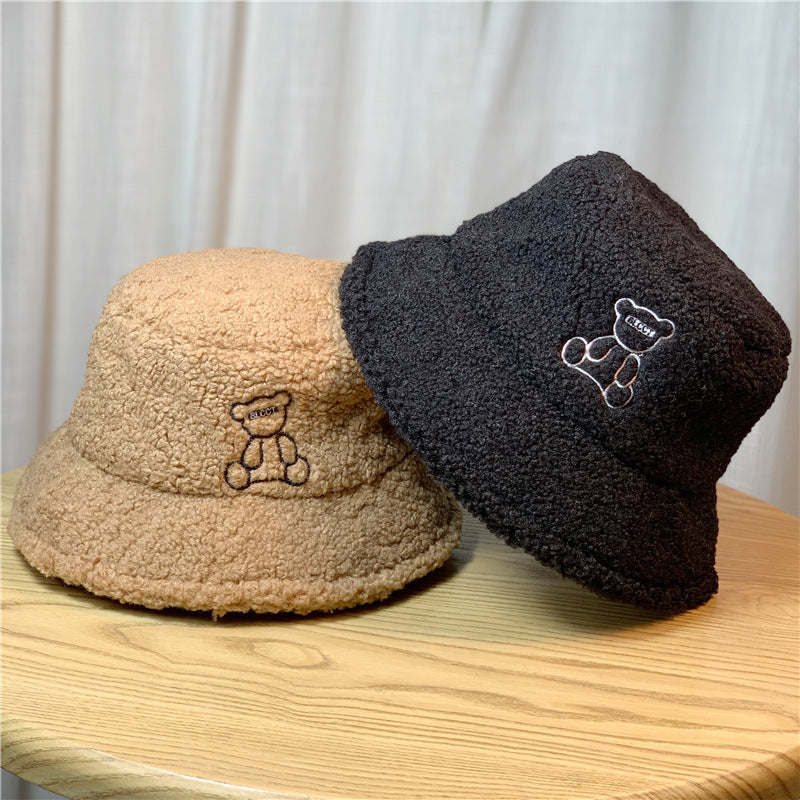 Women's Plush Bear Embroidery Warm Lamb Wool Hats & Caps