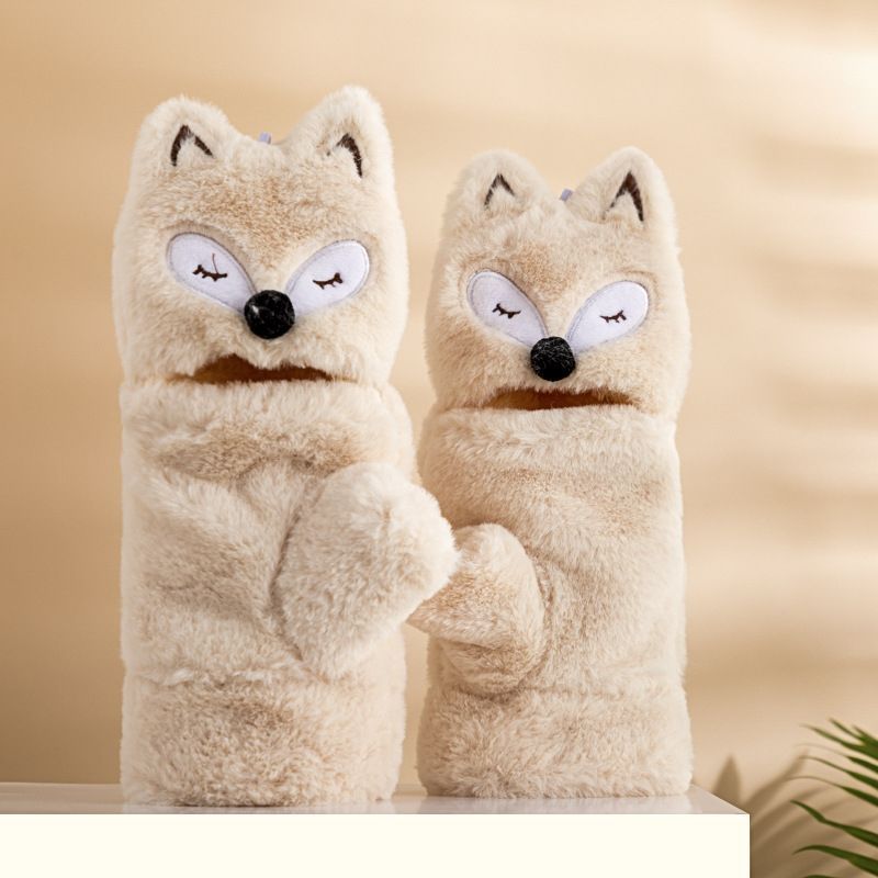 Fleece-lined Thickened Cartoon Cute Korean Style Little Fox Open Gloves