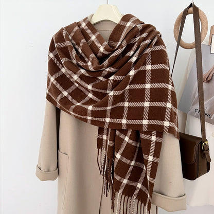 Women's Slouchy Plaid Korean Tassel Shawl Scarfs