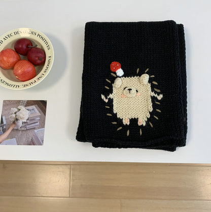 Mushroom Bear Embroidery Knitted Female Winter Warm Cute Scarfs