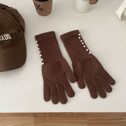 Pearl Knitted Female Riding Finger Open Gloves