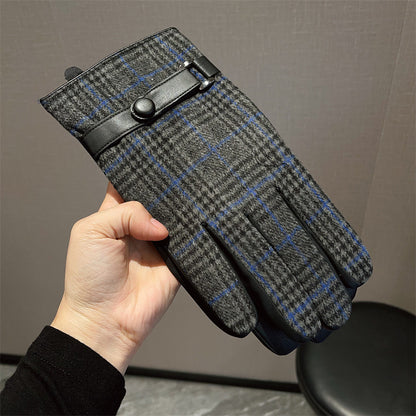 Men's Leather Patchwork Plaid Thermal Fleece-lined Thickened Gloves