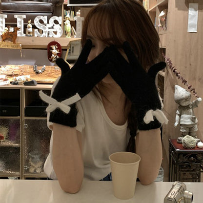 Knitted Bow Female Riding Thick Warm Gloves