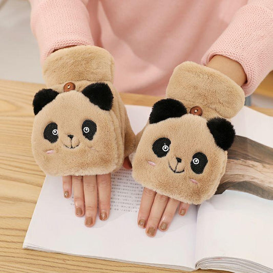 Women's Half Finger Korean Cute Cartoon Flip Fleece-lined Thickened Gloves