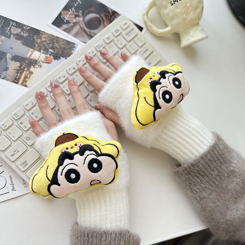 Half Finger Cartoon Knitted Bracers Thick Gloves