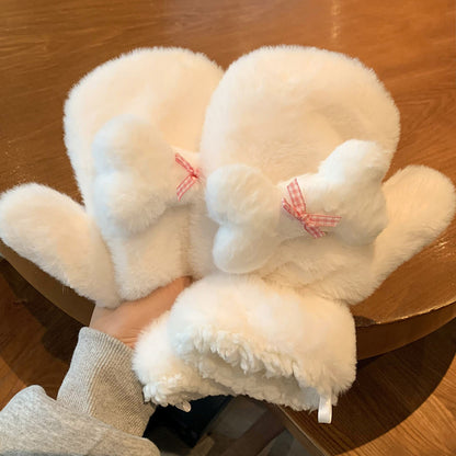 Winter Cute Plush Female Fleece-lined Thickened Finger Gloves