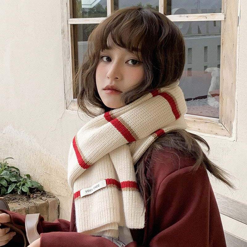 Style Contrast Color Striped Wool Female Scarfs