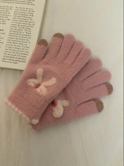 Women's Cycling Warm Plush Finger Fleece-lined Touch Screen Bow Gloves